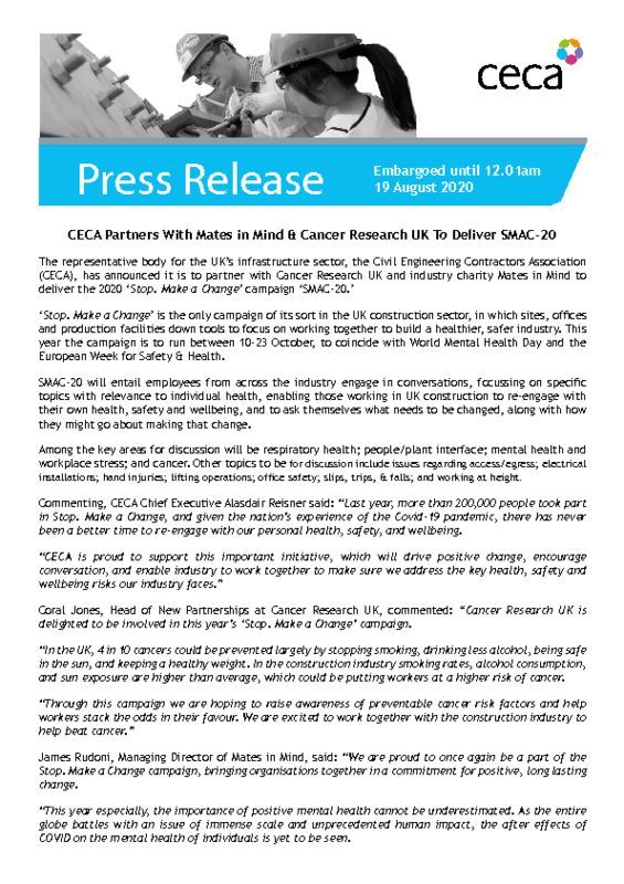 thumbnail of PRESS RELEASE – CECA Partners with Cancer Research UK and Mates in Mind to Deliver SMAC-20 – EMBARGOED until 12.01am 19 August 2020