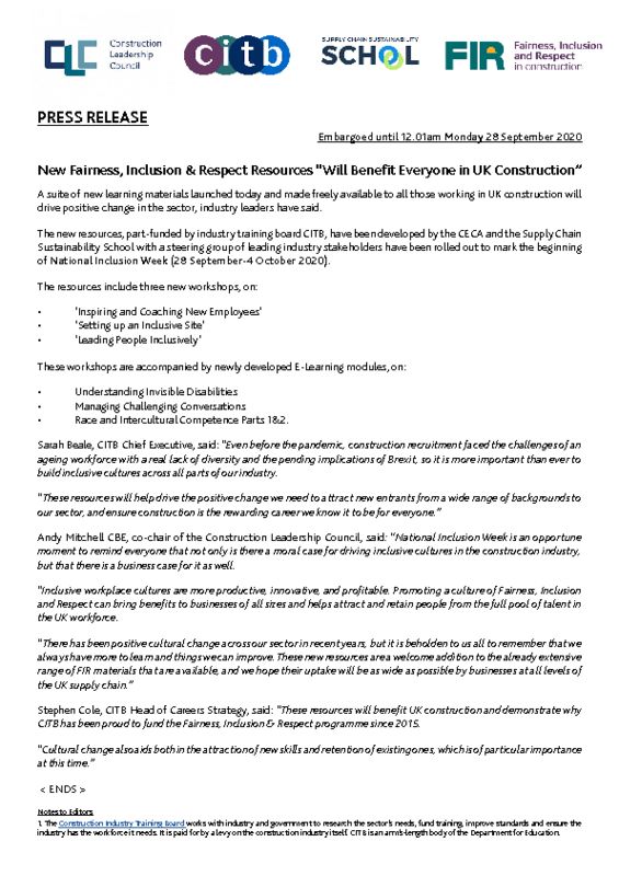 thumbnail of Press Release New Fairness, Inclusion & Respect Resources Will Benefit Everyone In UK Construction – EMBARGOED until 12.01am Monday 28 September 2020