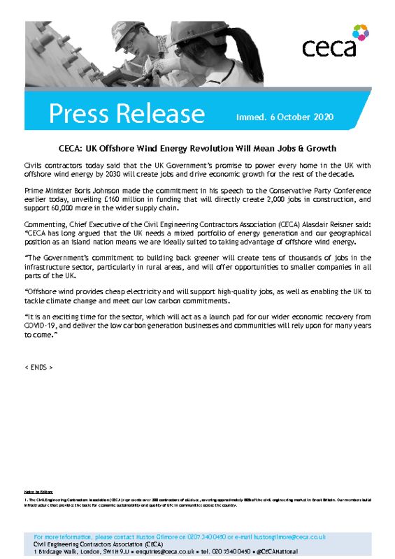 thumbnail of PRESS RELEASE – CECA – UK Wind Energy Revolution Will Mean Jobs & Growth – Immed. 6 October 2020