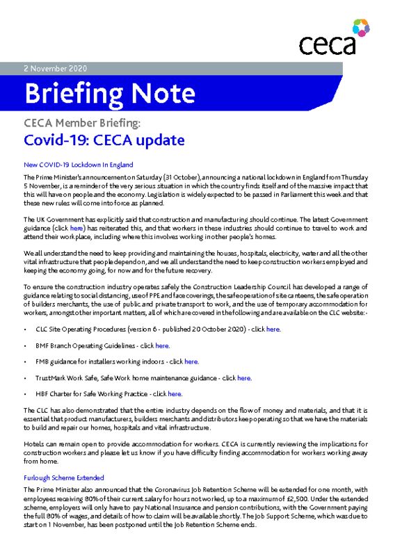 thumbnail of CECA Briefing Note – Covid-19 – CECA Update – 2 November 2020