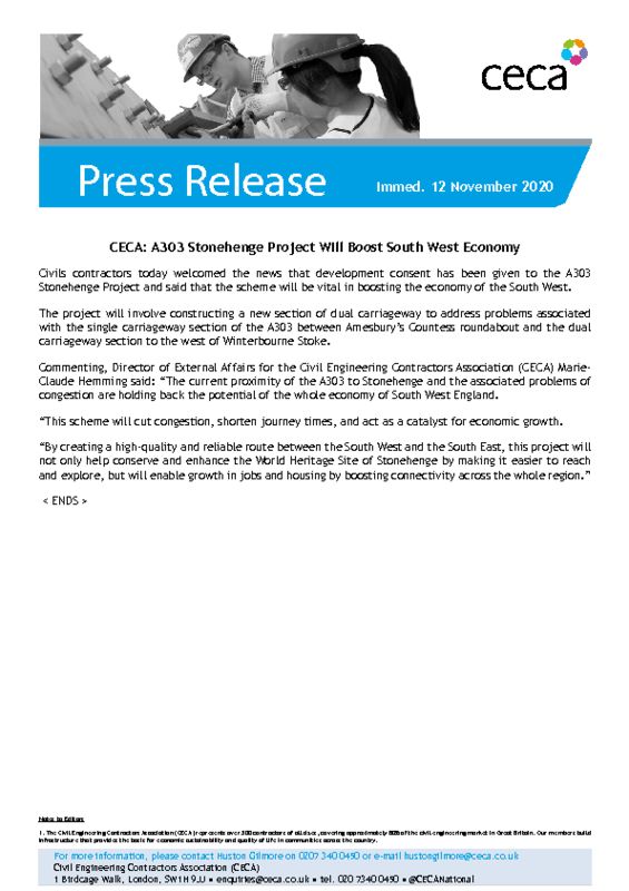thumbnail of PRESS RELEASE – CECA – A303 Stonehenge Project Will Boost South West Economy – Immed. 12 November 2020