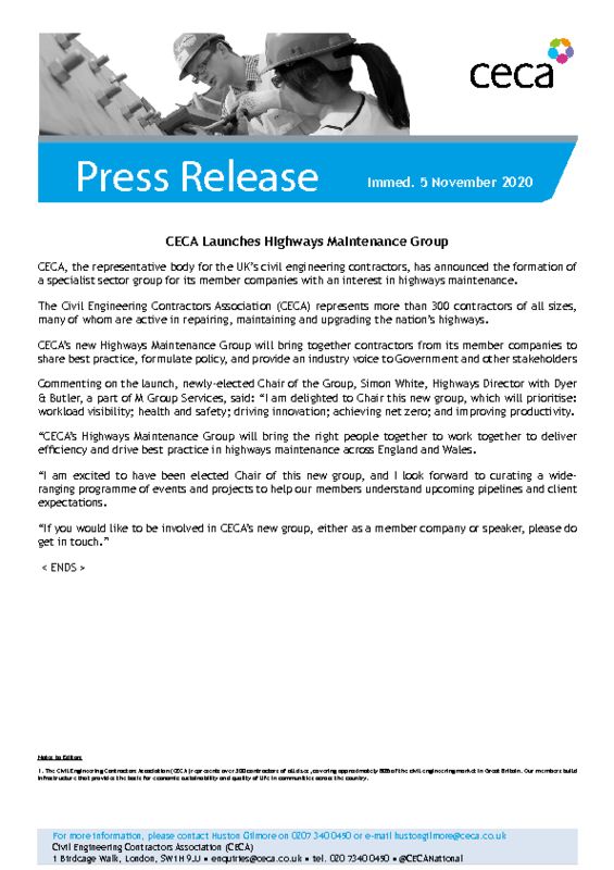thumbnail of PRESS RELEASE – CECA Launches Highways Maintenance Group – Immed. 5 November 2020