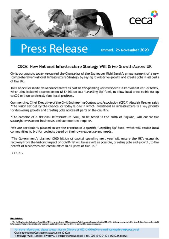 thumbnail of PRESS RELEASE – CECA – New National Infrastructure Strategy Will Drive Growth Across UK – Immed. 25 November 2020