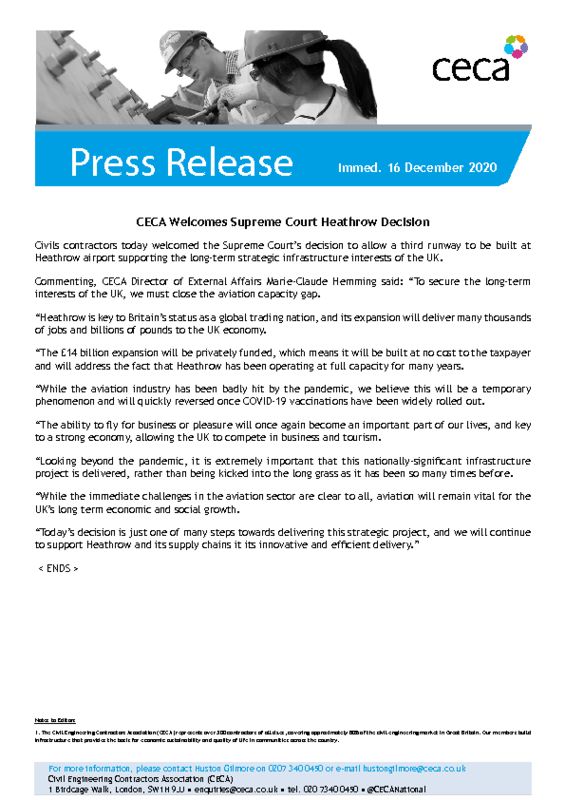 thumbnail of PRESS RELEASE – CECA – CECA Welcomes Supreme Court Heathrow Decision – Immed. 16 December 2020