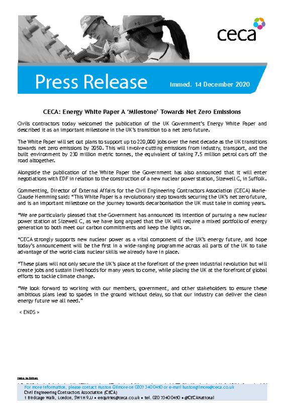 thumbnail of PRESS RELEASE – CECA -Energy White Paper A ‘Milestone’ Towards Net Zero Emissions- Immed. 14 December 2020