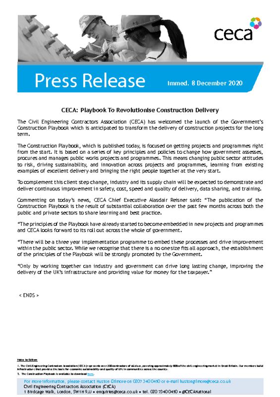 thumbnail of PRESS RELEASE – CECA – Playbook To Revolutionise Construction Delivery – Immed. 8 December 2020