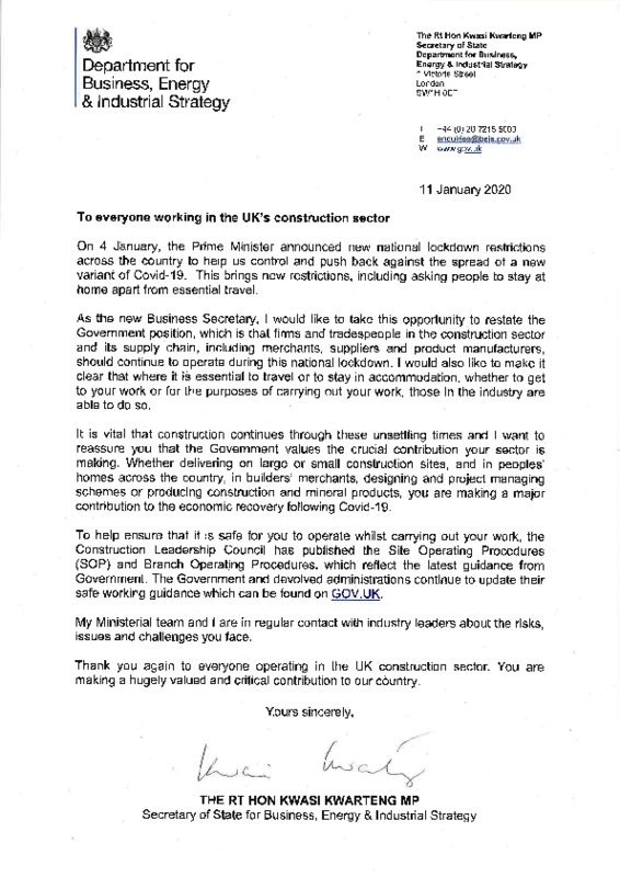 thumbnail of Letter to the Construction Sector from Rt Hon Kwasi Kwarteng BEIS SoS 11 January
