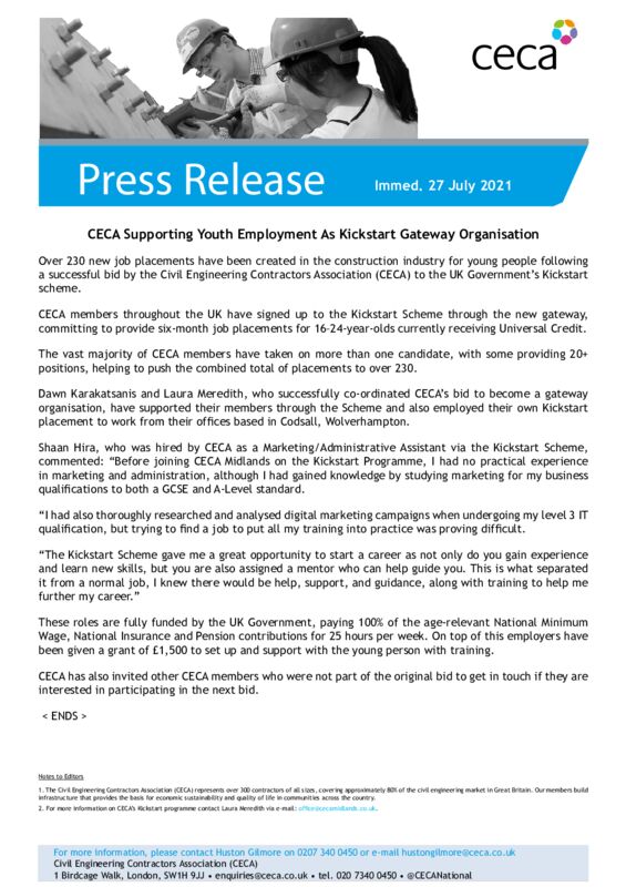 thumbnail of PRESS RELEASE – CECA Supporting Youth Employment As Kickstart Gateway Organisation – Immed. 27 July 2021