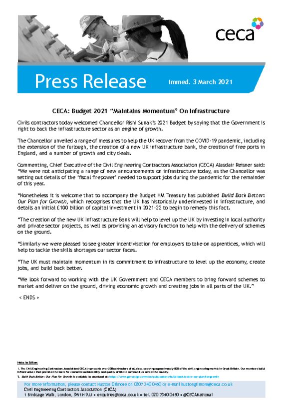 thumbnail of PRESS RELEASE – CECA – Budget 2021 Maintains Momentum On Infrastructure – Immed. 3 March 2021