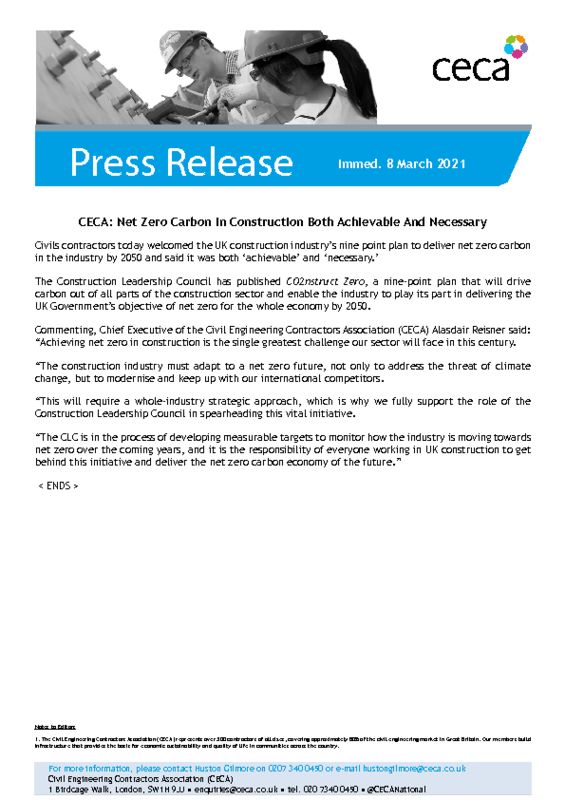 thumbnail of PRESS RELEASE – CECA – Net Zero Carbon In Construction Both Achievable And Necessary – Immed. 8 March 2021