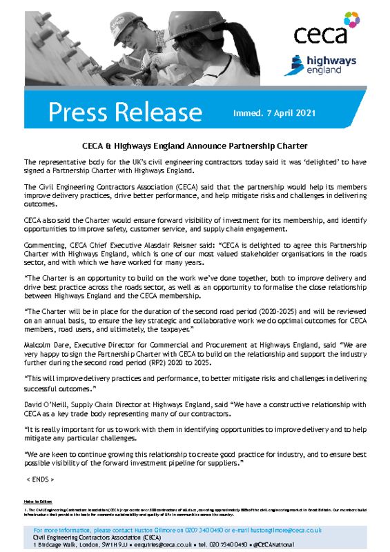 thumbnail of PRESS RELEASE – CECA and Highways England Announce Partnership Charter – Immed. 7 April 2021