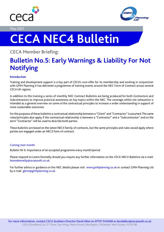 thumbnail of CECA NEC4 Bulletin No.5 – Early Warnings and Liability for Not Notifying – May 2021