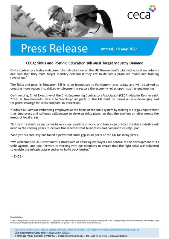 thumbnail of PRESS RELEASE – CECA – Skills and Post-16 Education Bill Must Target Industry Demand – Immed. 18 May 2021