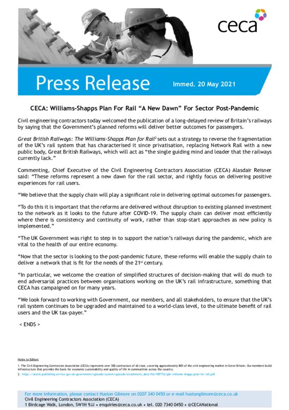thumbnail of PRESS RELEASE – CECA – Williams-Shapps Plan For Rail A New Dawn For Sector Post-Pandemic – Immed. 20 May 2021