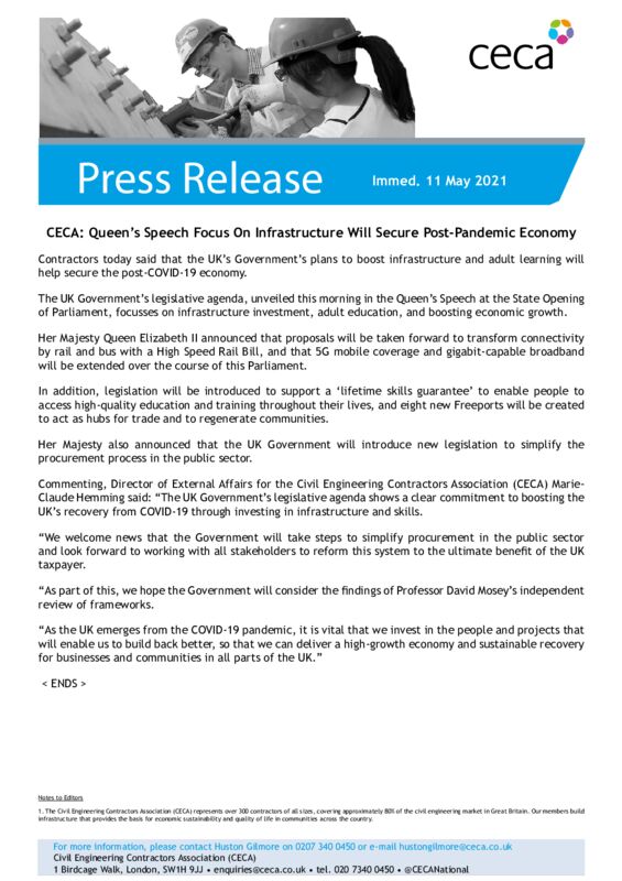 thumbnail of PRESS RELEASE – Queen’s Speech Focus On Infrastructure Will Secure Post-Pandemic Economy – Immed. 11 May 2021