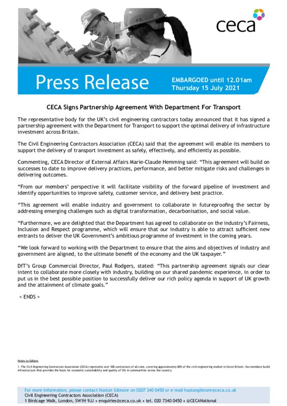thumbnail of PRESS RELEASE – CECA Signs Partnership Agreement With The Department For Transport – EMBARGOED until 12.01am Thursday 15 July 2021