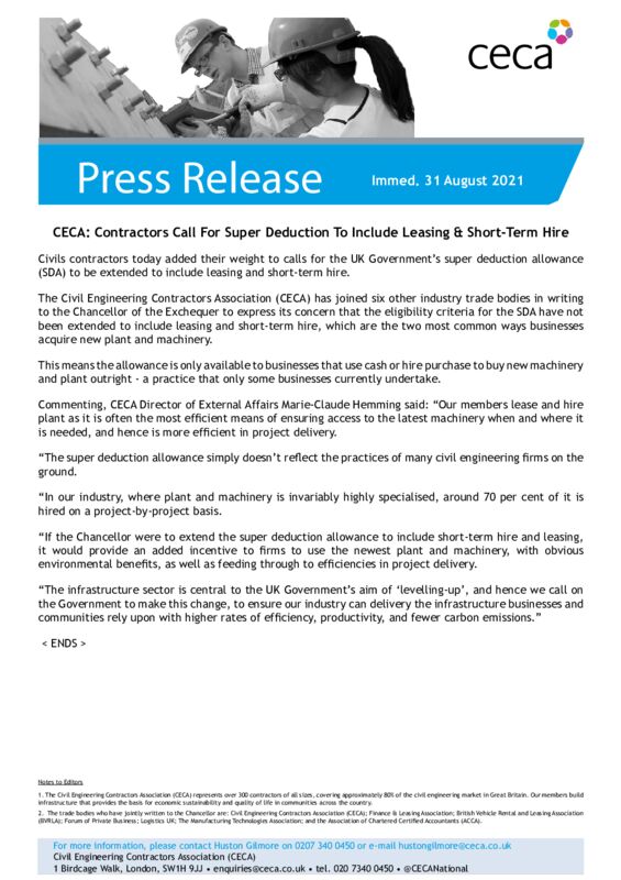 thumbnail of PRESS RELEASE – CECA – Contractors Call For Super Deduction To Include Leasing & Short-Term Hire – Immed. 31 August 2021