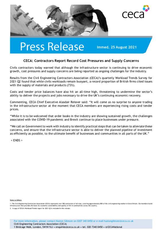 thumbnail of PRESS RELEASE – CECA – Contractors Report Record Cost Pressures and Supply Concerns – Immed. 25 August 2021