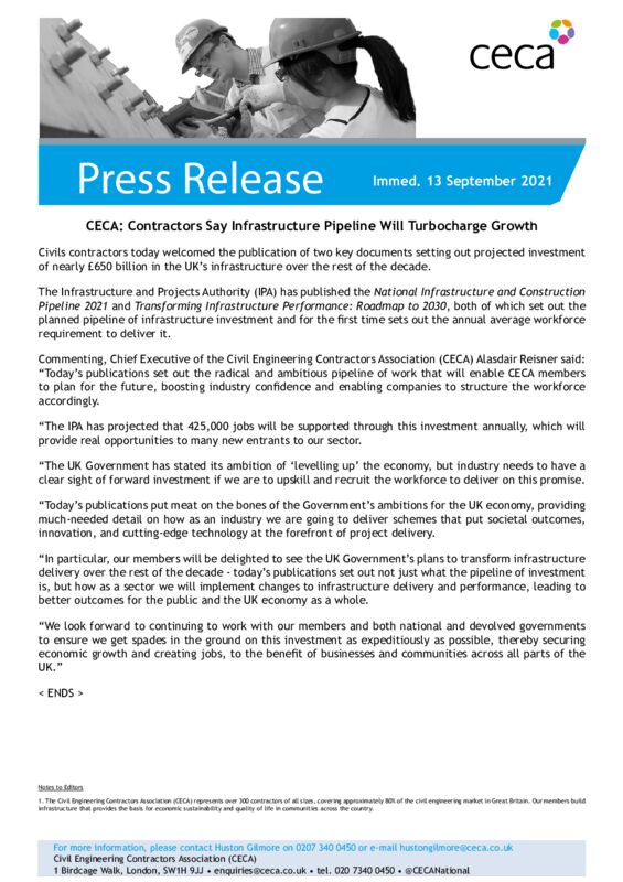 thumbnail of PRESS RELEASE – CECA – Contractors Say Infrastructure Pipeline Will Turbocharge Growth – Immed. 13 September 2021