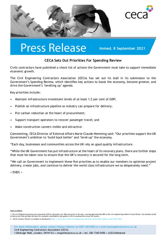 thumbnail of PRESS RELEASE – CECA Sets Out Priorities For Spending Review – Immed. 8 September 2021