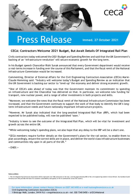 thumbnail of PRESS RELEASE – CECA – Contractors Welcome 2021 Budget, But Await Details Of Integrated Rail Plan – Immed. 27 October 2021