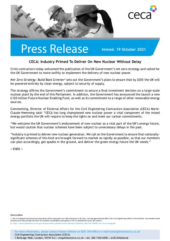 thumbnail of PRESS RELEASE – CECA – Industy Primed To Deliver On New Nuclear Without Delay – Immed. 19 October 2021