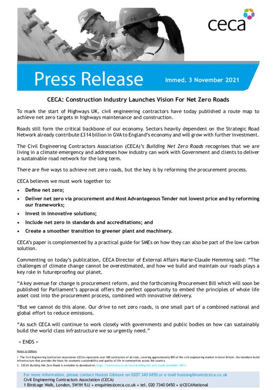 thumbnail of PRESS RELEASE – CECA- Construction Industry Launches Vision For Net Zero Roads – Immed. 3 November 2021