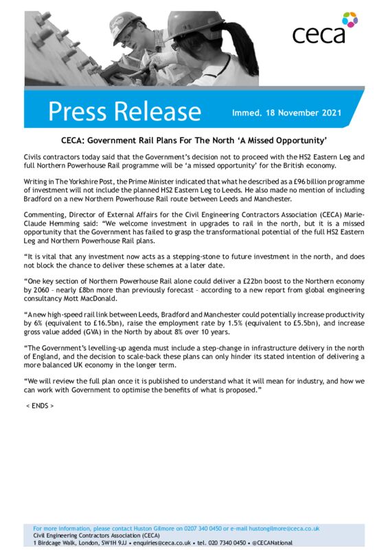 thumbnail of PRESS RELEASE – CECA- Government Rail Plans for the North A Missed Opportunity – Immed. 18 November 2021