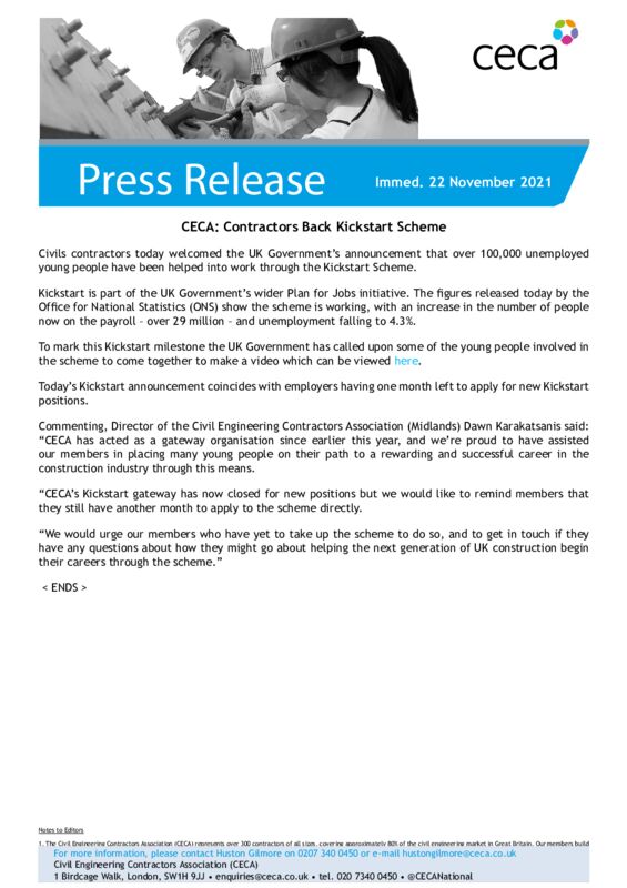 thumbnail of PRESS RELEASE – Contractors Back Kickstart Scheme – Immed. 22 November 2021