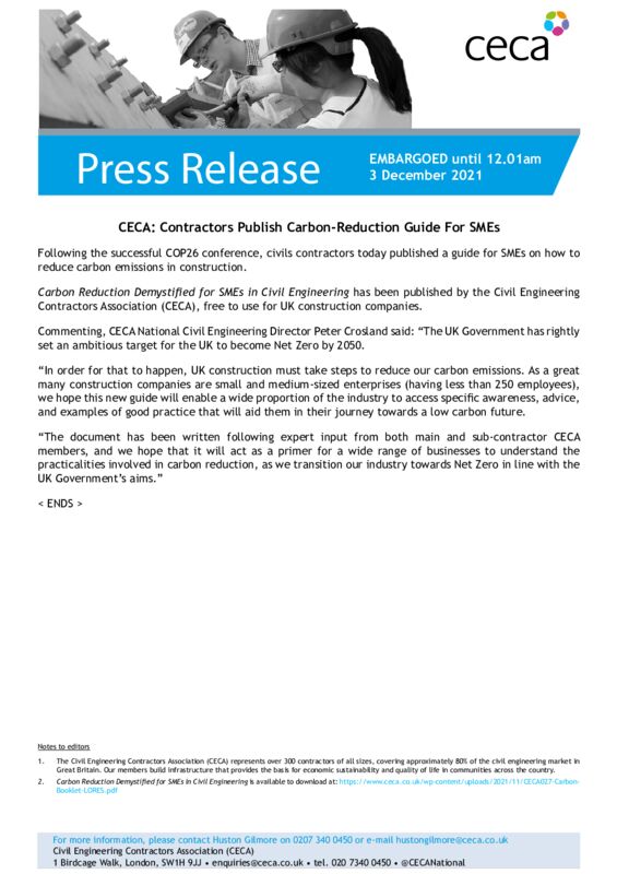 thumbnail of PRESS RELEASE – CECA – Contractors Publish Carbon Reduction Guide For SMEs – EMBARGOED until 12.01am Friday 3 December 2021