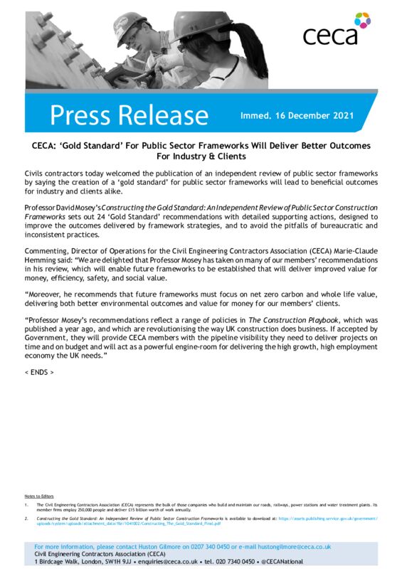 thumbnail of PRESS RELEASE – CECA – ‘Gold Standard’ For Public Sector Frameworks Will Deliver Better Outcomes For Industry & Clients – Immed. 16 December 2021