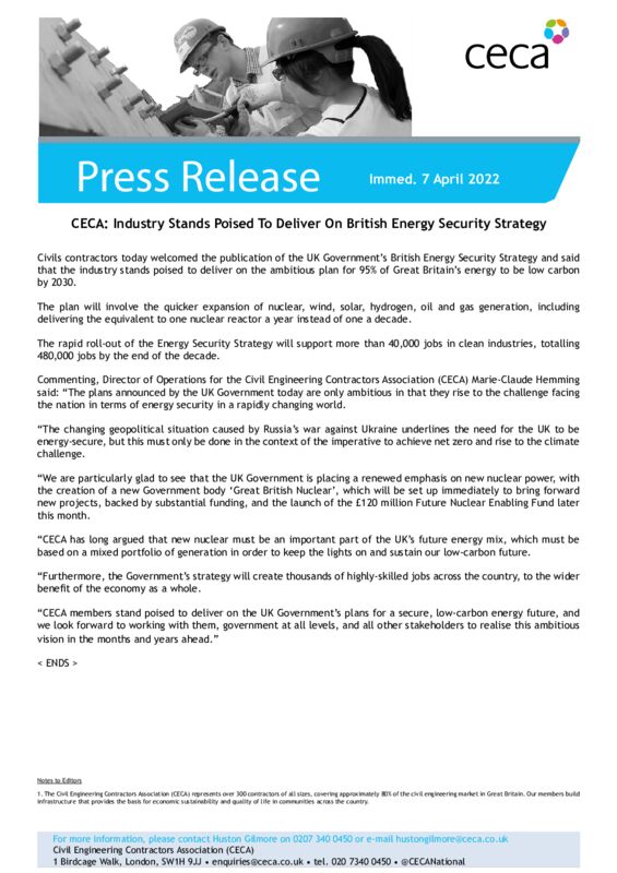 thumbnail of PRESS RELEASE – CECA- Industry Stands Poised To Deliver On British Energy Security Strategy – Immed. 7 April 2022