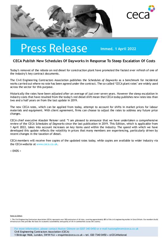 thumbnail of PRESS RELEASE – CECA Publishes New Schedules Of Dayworks In Response To Steep Escalation Of Costs – Immed. 1 April 2022