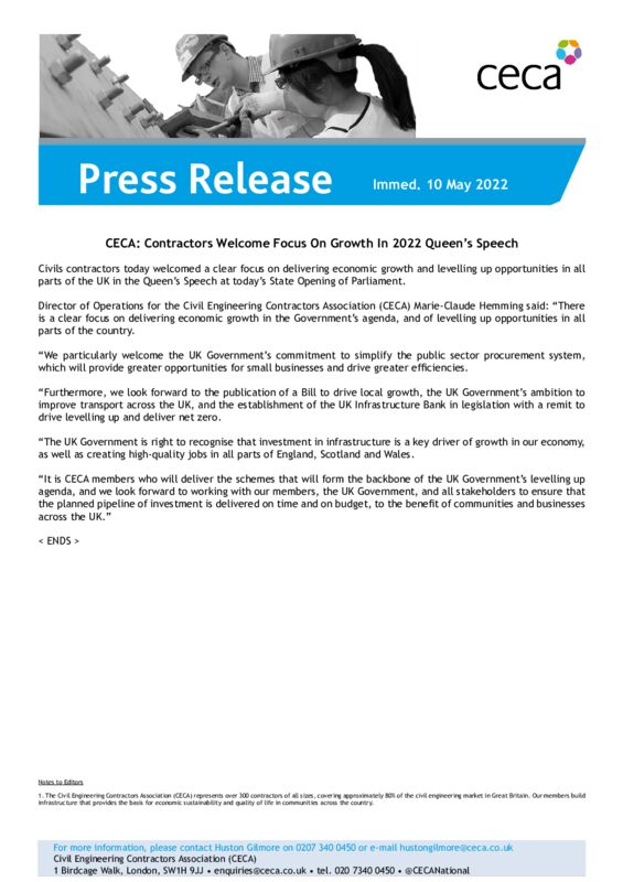 thumbnail of PRESS RELEASE – CECA – Contractors Welcome Focus On Growth In 2022 Queen’s Speech – Immed. 10 May 2022