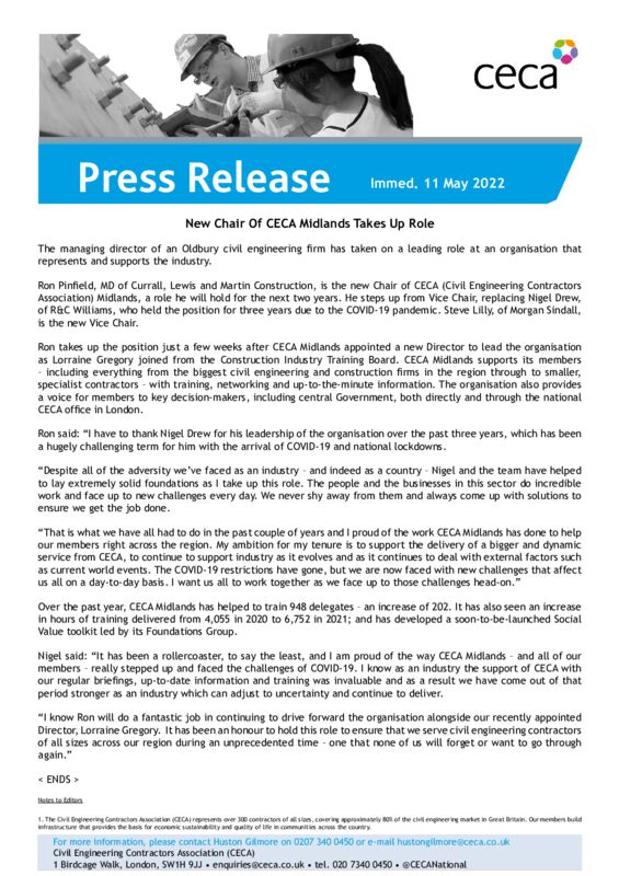 thumbnail of PRESS RELEASE – CECA – New Chair Of CECA Midlands Takes Up Role – immed. 11 May 2022