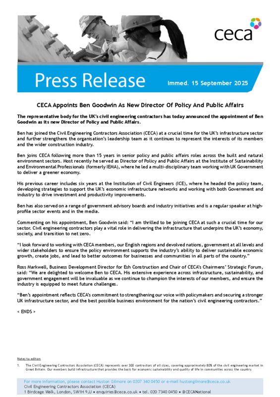 thumbnail of PRESS RELEASE – CECA Appoints Ben Goodwin As New Director Of Policy – Immed. 15 September 2025