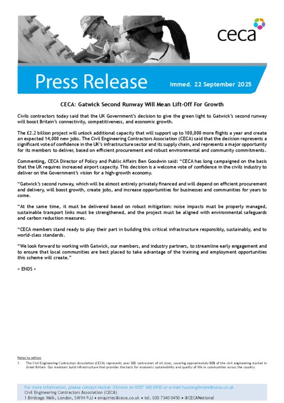 thumbnail of PRESS RELEASE – CECA – Gatwick Second Runway Will Mean Lift-Off For Growth – Immed. 22 September 2025