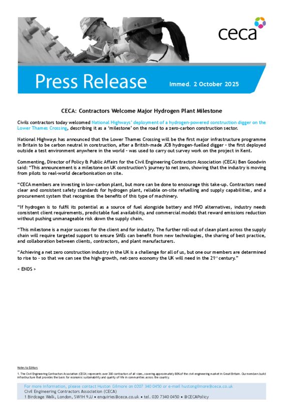 thumbnail of PRESS RELEASE – CECA – Contractors Welcome Major Hydrogen Plant Milestone – Immed. 2 October 2025