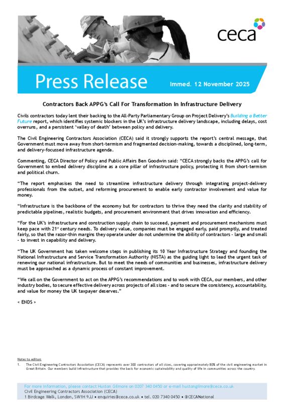 thumbnail of PRESS RELEASE – CECA – Contractors Back APPG’s Call For Transformation In Infrastructure Delivery – Immed. 12 November 2025