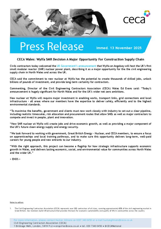 thumbnail of PRESS RELEASE – CECA Wales- Wylfa SMR Decision A Major Opportunity For Construction Supply Chain – Immed. 13 November 2025