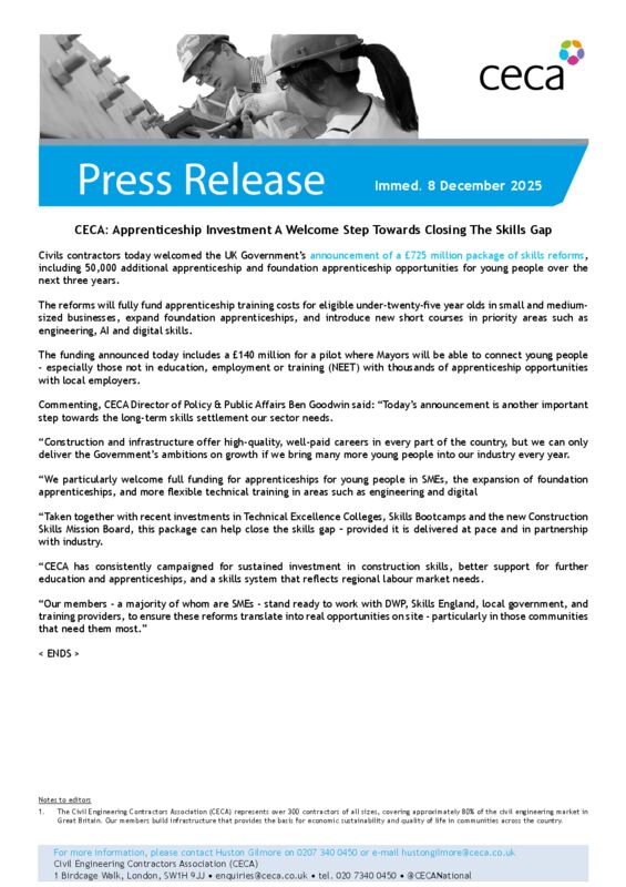 thumbnail of PRESS RELEASE – CECA – Apprenticeship Investment A Welcome Step Towards Closing Skills Gap – Immed. 8 December 2025