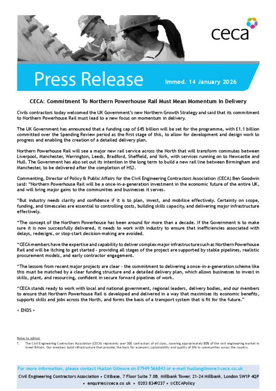 thumbnail of PRESS RELEASE – CECA – Commitment To Northern Powerhouse Rail Must Mean Momentum In Delivery – Immed. 14 January 2026