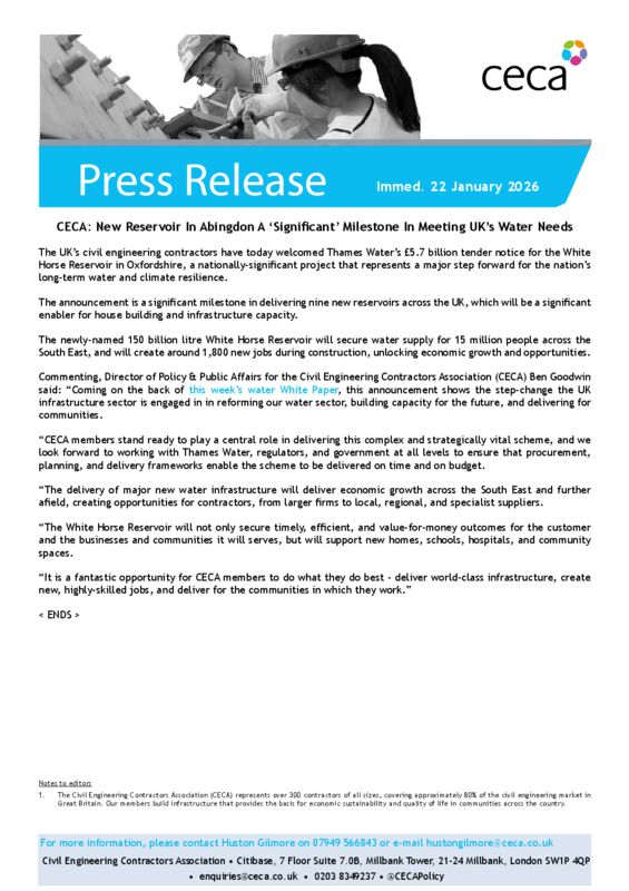 thumbnail of PRESS RELEASE – CECA – New Reservoir In Abingdon A Significant Milestone In Meeting UK’s Water Needs – Immed. 22 January 2026