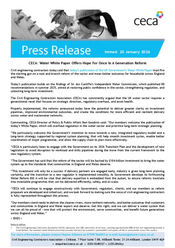 thumbnail of PRESS RELEASE – CECA – Water White Paper Offers Hope For Once In A Generation Reform – Immed. 20 January 2026