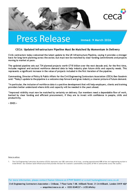 thumbnail of PRESS RELEASE – CECA – Updated Infrastructure Pipeline Must Be Matched By Momentum In Delivery – Immed. 9 March 2026