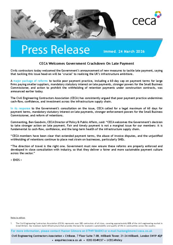 thumbnail of PRESS RELEASE – CECA Welcomes Government Crackdown On Late Payment – Immed. 24 March 2026