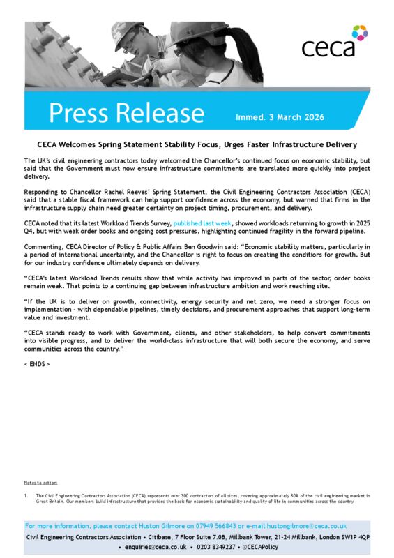 thumbnail of PRESS RELEASE – CECA Welcomes Spring Statement Stability Focus, Urges Faster Infrastructure Delivery – Immed. 3 March 2026