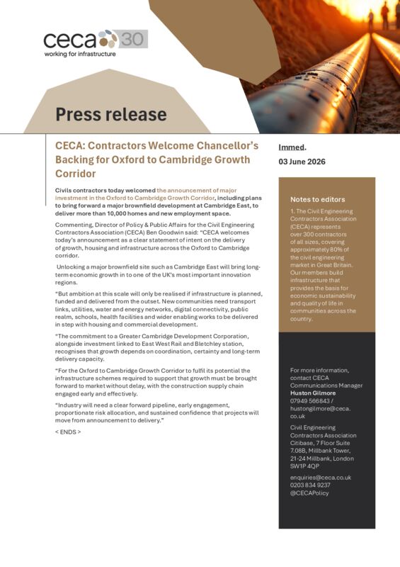 thumbnail of CECA Press Release – Contractors Welcome Chancellor’s Backing For Oxford to Cambridge Growth Corridor – Imed. 3 June 2026